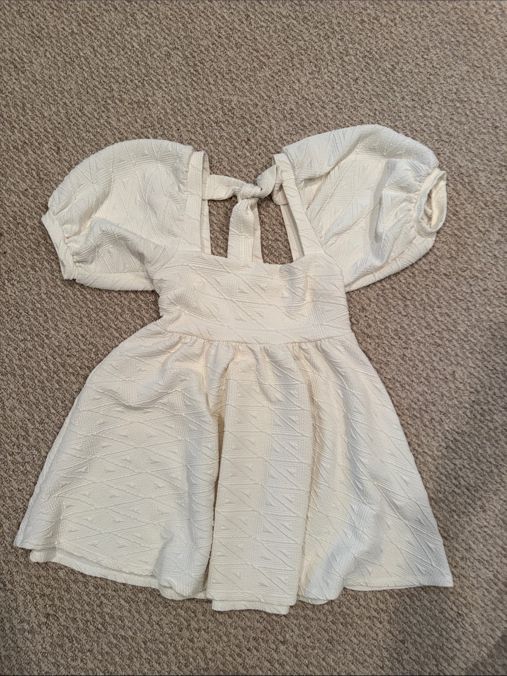 Free People Cream Textured Puff-Sleeve Tie-Back Mini Dress